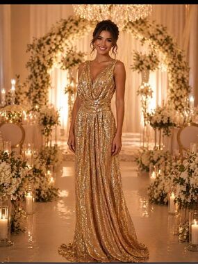 Gold Sequin Draped V-Neck Maxi Dress